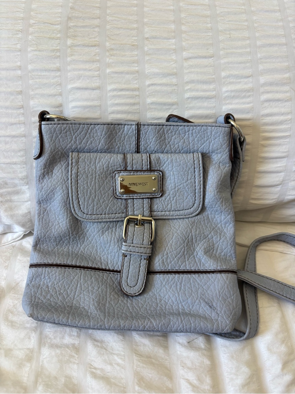 Nine West Light Gray Textured Crossbody Bag with Buckle Detail
